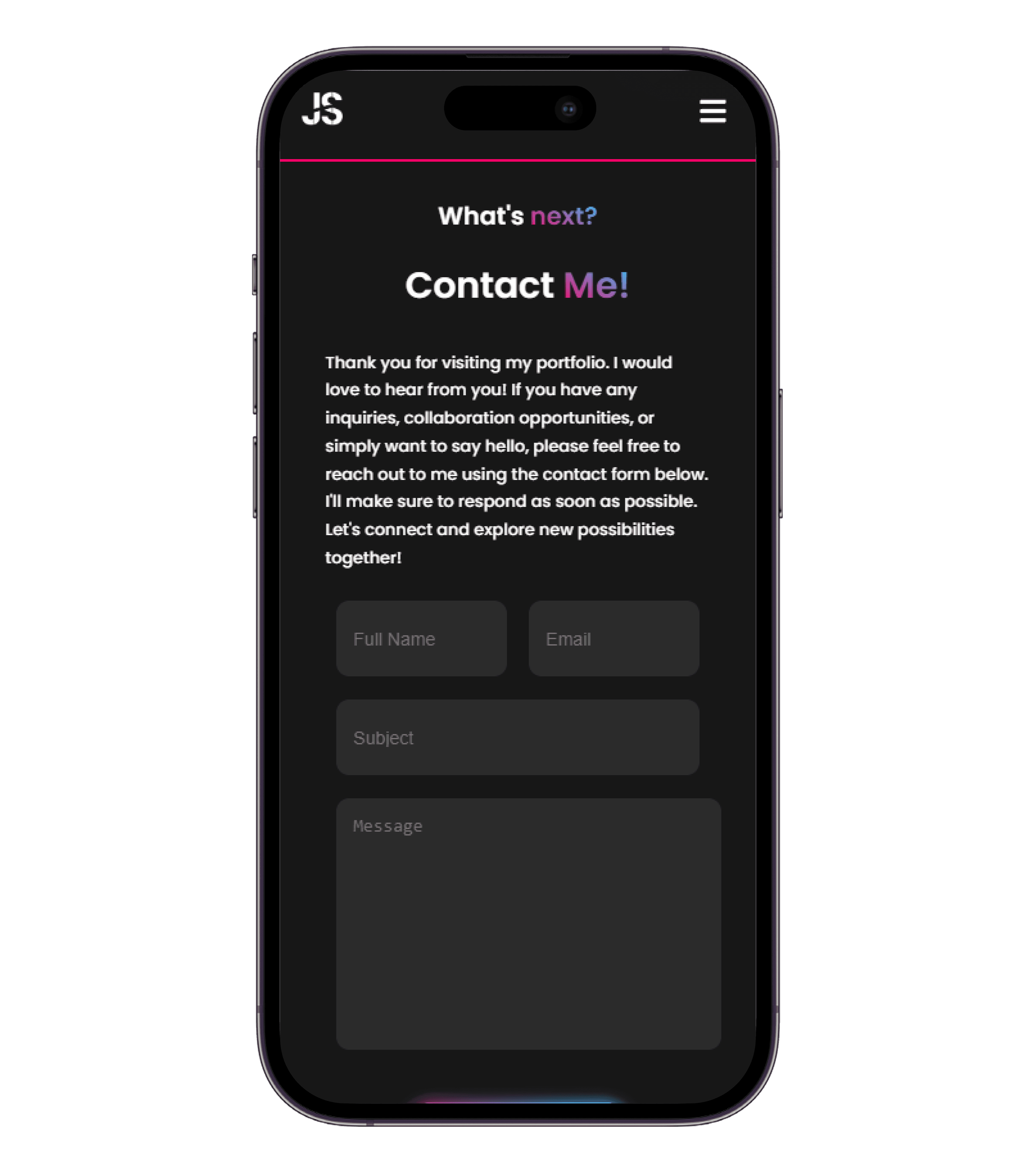 The Portfolio v1 contact page on a phone