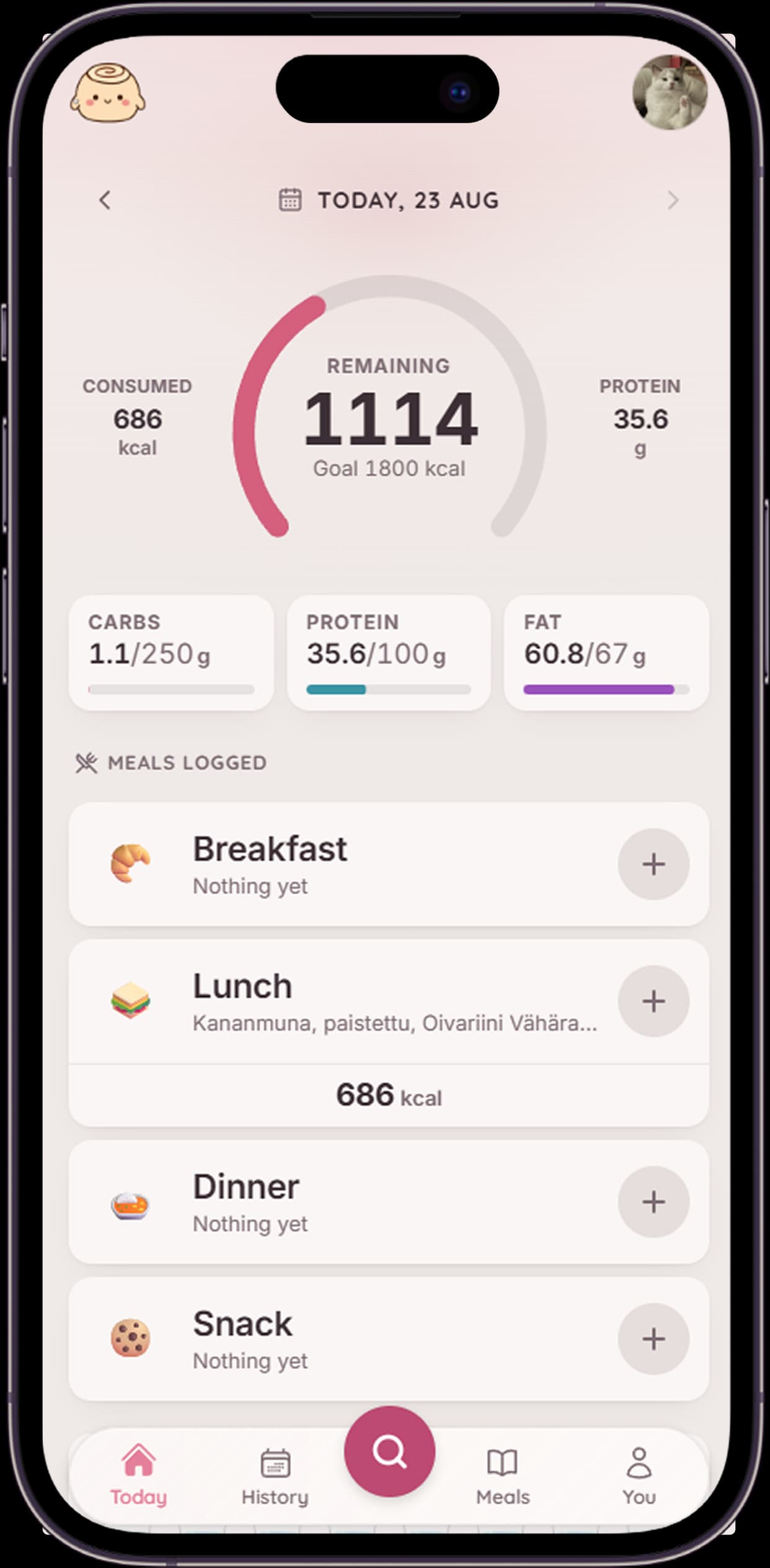 Pikku Pulla daily overview showing remaining calories and logged meals
