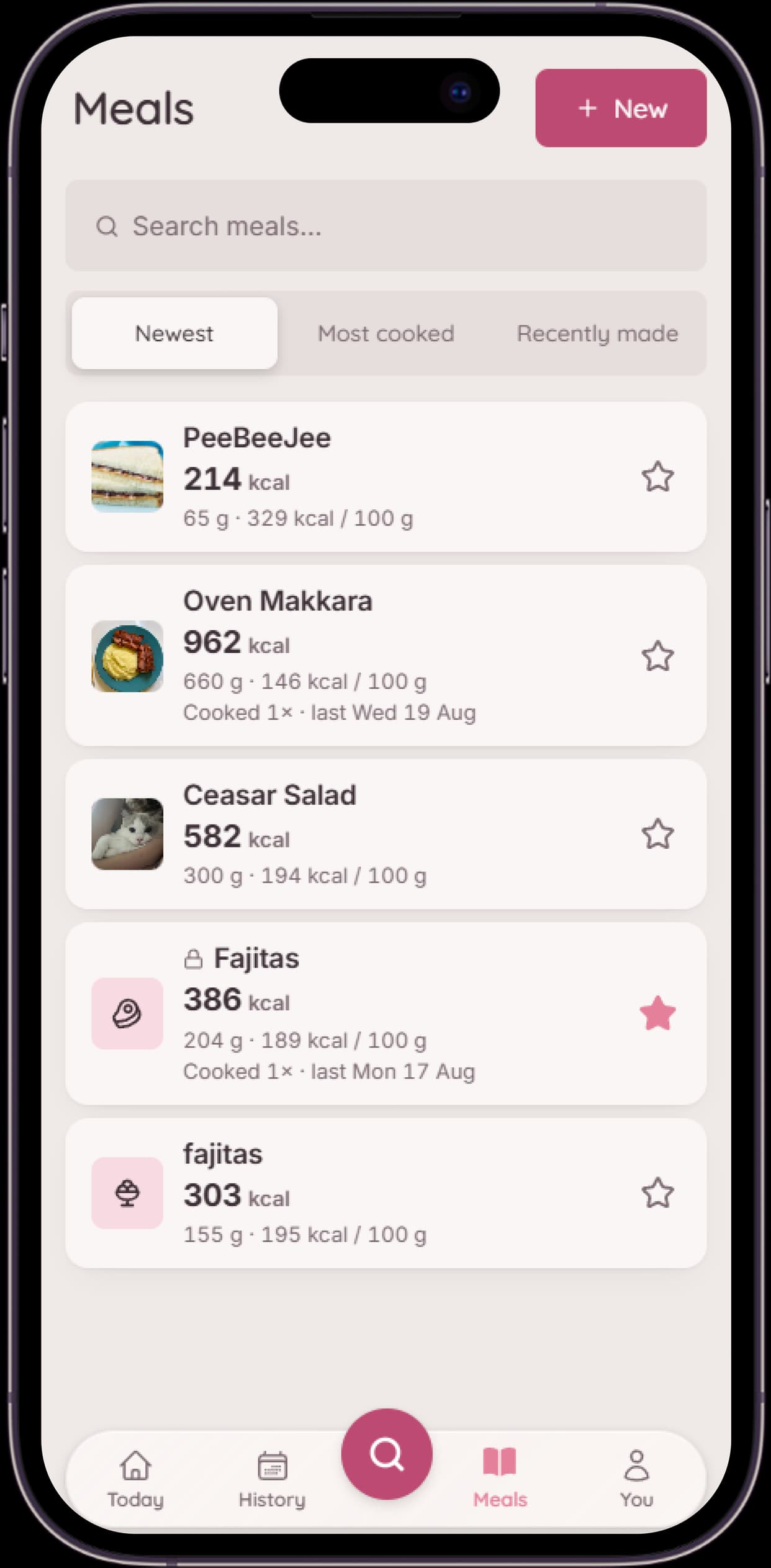 Pikku Pulla saved meals screen