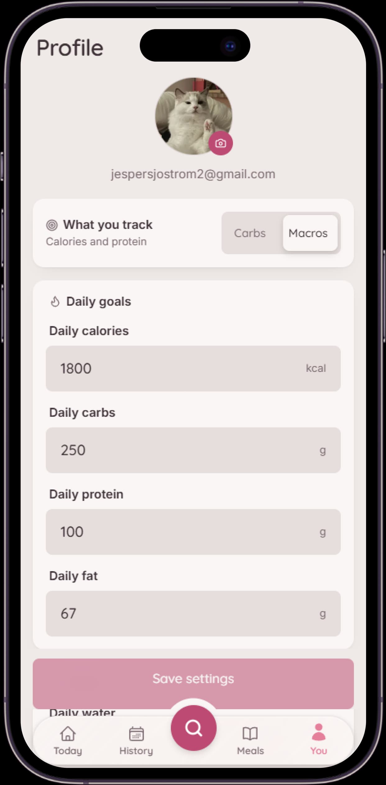 Pikku Pulla profile and daily nutrition goal settings